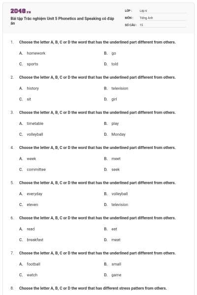 Bài tập Trắc nghiệm Unit 5 Phonetics and Speaking có đáp án