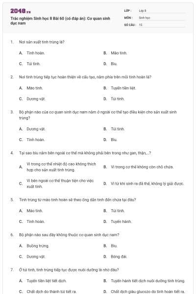 Trắc nghiệm Sinh học 8 Bài 60 (có đáp án): Cơ quan sinh dục nam