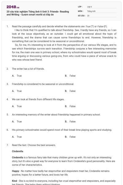 20 câu trắc nghiệm Tiếng Anh 6 Unit 3: Friends- Reading and Writing - iLearn smart world có đáp án