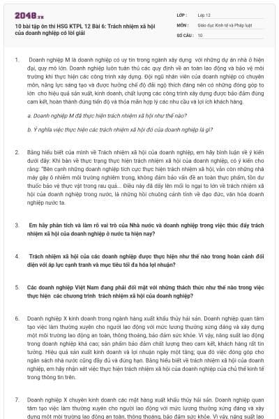 10 bài tập ôn thi HSG KTPL 12 Bài 6: Trách nhiệm xã hội của doanh nghiệp có lời giải