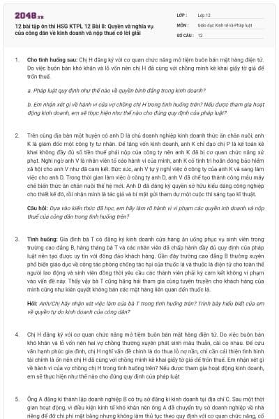 12 bài tập ôn thi HSG KTPL 12 Bài 8: Quyền và nghĩa vụ của công dân về kinh doanh và nộp thuế có lời giải