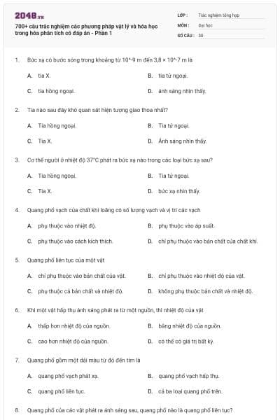 700+ câu trắc nghiệm các phương pháp vật lý và hóa học trong hóa phân tích có đáp án - Phần 1