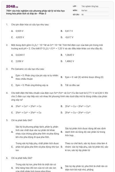 700+ câu trắc nghiệm các phương pháp vật lý và hóa học trong hóa phân tích có đáp án - Phần 3