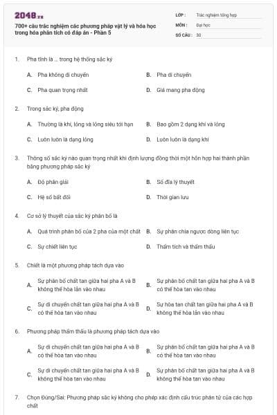 700+ câu trắc nghiệm các phương pháp vật lý và hóa học trong hóa phân tích có đáp án - Phần 5