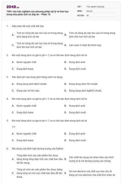 700+ câu trắc nghiệm các phương pháp vật lý và hóa học trong hóa phân tích có đáp án - Phần 10