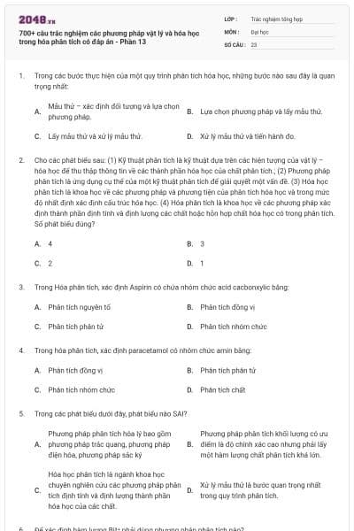 700+ câu trắc nghiệm các phương pháp vật lý và hóa học trong hóa phân tích có đáp án - Phần 13