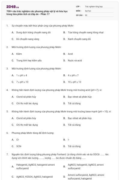 700+ câu trắc nghiệm các phương pháp vật lý và hóa học trong hóa phân tích có đáp án - Phần 17
