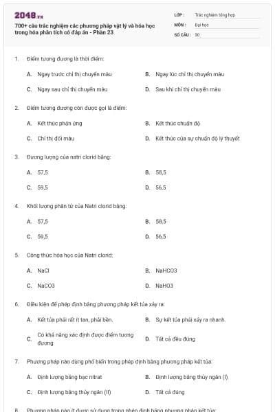 700+ câu trắc nghiệm các phương pháp vật lý và hóa học trong hóa phân tích có đáp án - Phần 23