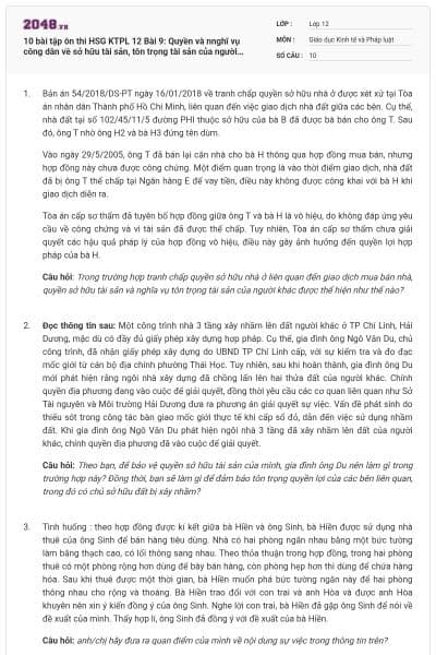 10 bài tập ôn thi HSG KTPL 12 Bài 9: Quyền và nnghĩ vụ công dân về sở hữu tài sản, tôn trọng tài sản của người khác có lời giải