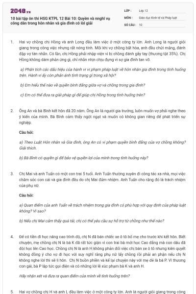 10 bài tập ôn thi HSG KTPL 12 Bài 10: Quyền và nnghĩ vụ công dân trong hôn nhân và gia đình có lời giải
