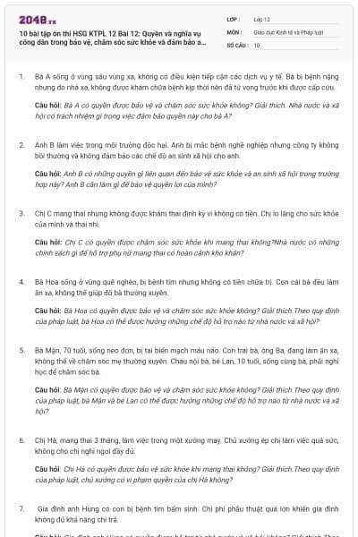 10 bài tập ôn thi HSG KTPL 12 Bài 12: Quyền và nghĩa vụ công dân trong bảo vệ, chăm sóc sức khỏe và đảm bảo an sinh xã hội có lời giải
