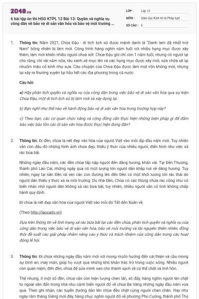 6 bài tập ôn thi HSG KTPL 12 Bài 13: Quyền và nghĩa vụ công dân về bảo vệ di sản văn hóa và bảo vệ môi trường & tài nguyên thiên nhiên có lời giải