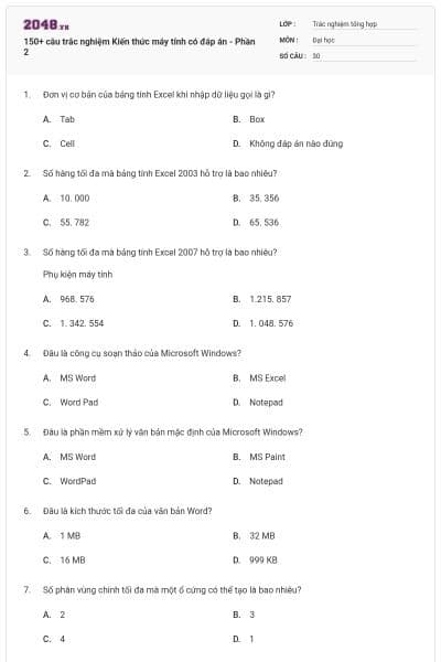 150+ câu trắc nghiệm Kiến thức máy tính có đáp án - Phần 2