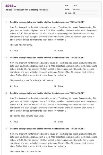 Bài tập Trắc nghiệm Unit 5 Reading có đáp án