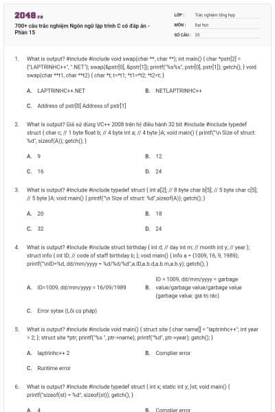 700+ câu trắc nghiệm Ngôn ngữ lập trình C có đáp án - Phần 15