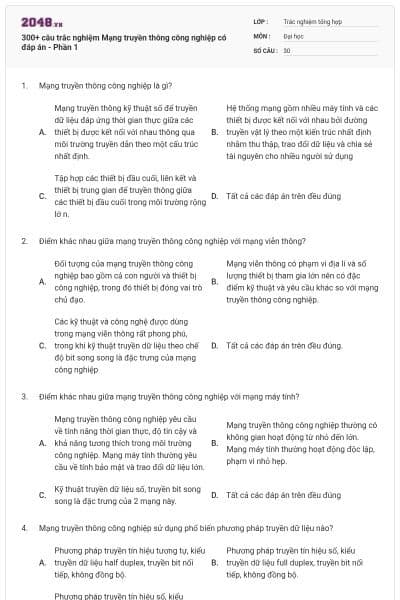 300+ câu trắc nghiệm Mạng truyền thông công nghiệp có đáp án - Phần 1