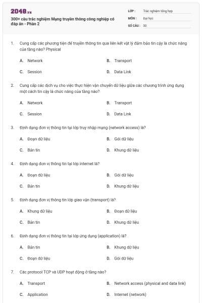 300+ câu trắc nghiệm Mạng truyền thông công nghiệp có đáp án - Phần 2