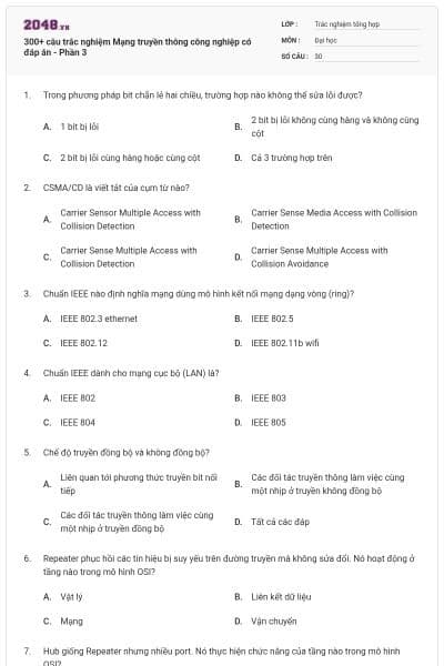 300+ câu trắc nghiệm Mạng truyền thông công nghiệp có đáp án - Phần 3