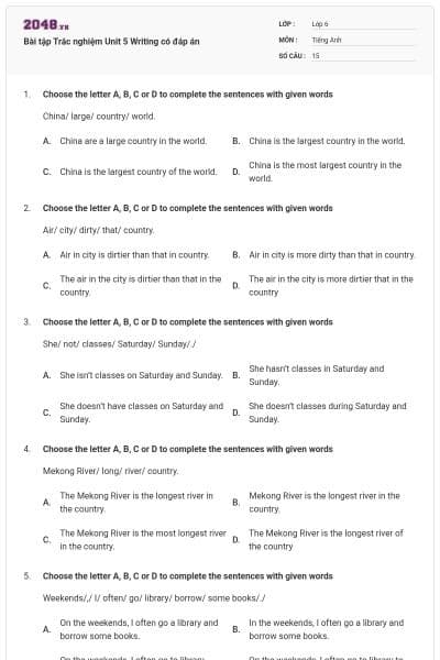 Bài tập Trắc nghiệm Unit 5 Writing có đáp án