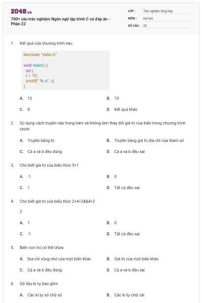 700+ câu trắc nghiệm Ngôn ngữ lập trình C có đáp án - Phần 22