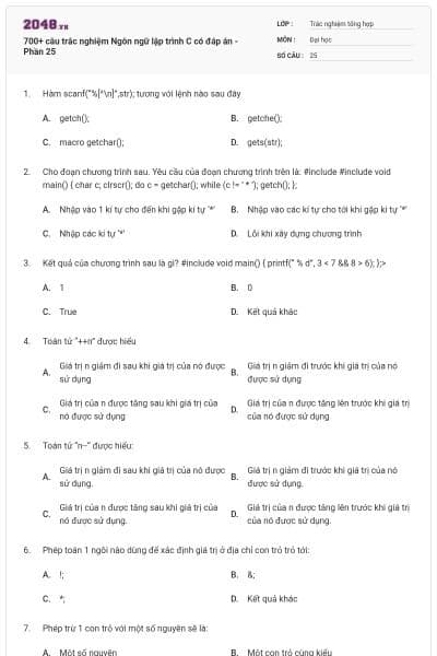 700+ câu trắc nghiệm Ngôn ngữ lập trình C có đáp án - Phần 25