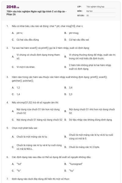 700+ câu trắc nghiệm Ngôn ngữ lập trình C có đáp án - Phần 26