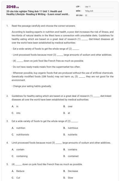 20 câu trắc nghiệm Tiếng Anh 11 Unit 1: Health and Healthy Lifestyle- Reading & Writing - iLearn smart world có đáp án