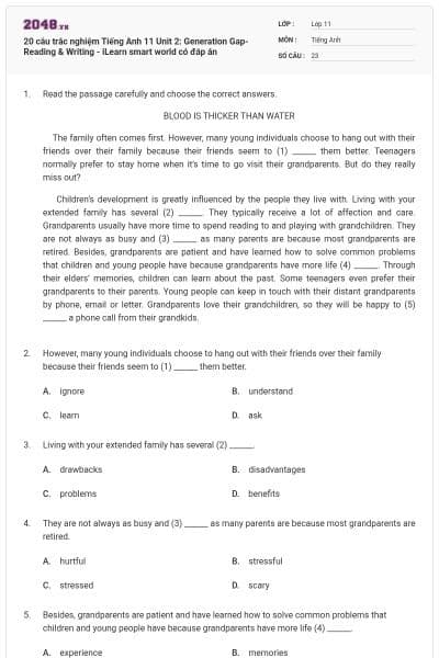 20 câu trắc nghiệm Tiếng Anh 11 Unit 2: Generation Gap- Reading & Writing - iLearn smart world có đáp án