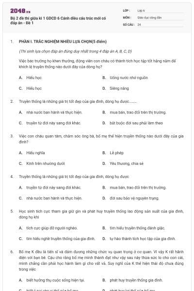 Bộ 2 đề thi giữa kì 1 GDCD 6 Cánh diều cấu trúc mới có đáp án - Đề 1
