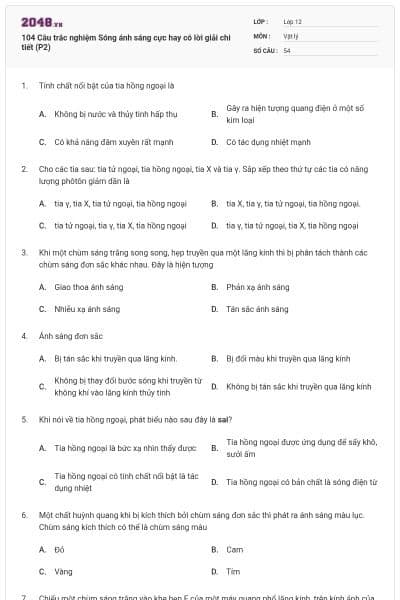 104 Câu trắc nghiệm Sóng ánh sáng cực hay có lời giải chi tiết (P2)
