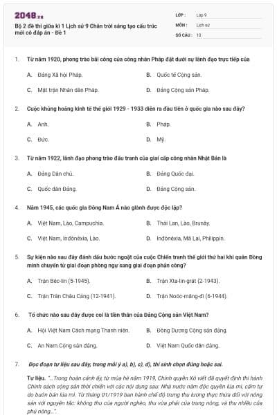 Bộ 2 đề thi giữa kì 1 Lịch sử 9 Chân trời sáng tạo cấu trúc mới có đáp án - Đề 1