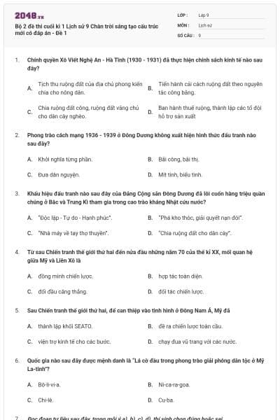 Bộ 2 đề thi cuối kì 1 Lịch sử 9 Chân trời sáng tạo cấu trúc mới có đáp án - Đề 1
