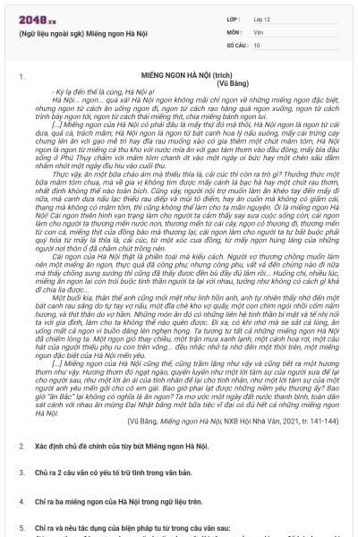 (Ngữ liệu ngoài sgk) Miếng ngon Hà Nội