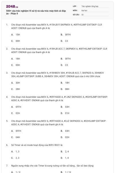 500+ câu trắc nghiệm Vi xử lý và cấu trúc máy tính có đáp án - Phần 9