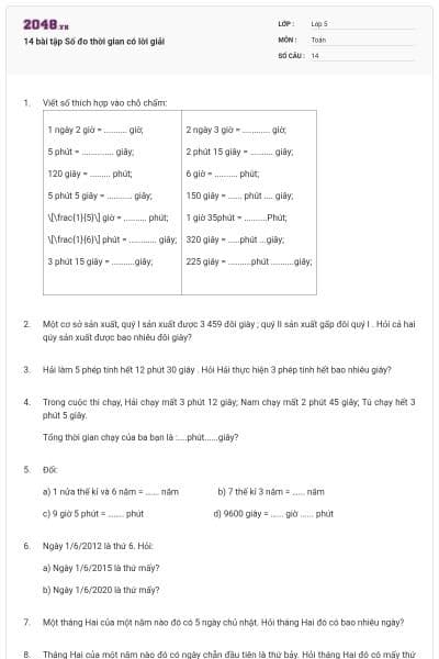 14 bài tập Số đo thời gian có lời giải