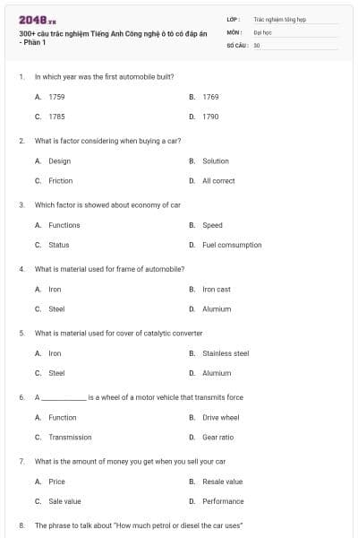 300+ câu trắc nghiệm Tiếng Anh Công nghệ ô tô có đáp án - Phần 1