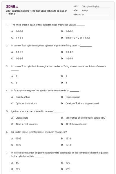 300+ câu trắc nghiệm Tiếng Anh Công nghệ ô tô có đáp án - Phần 2