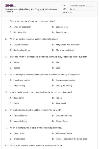 300+ câu trắc nghiệm Tiếng Anh Công nghệ ô tô có đáp án - Phần 3