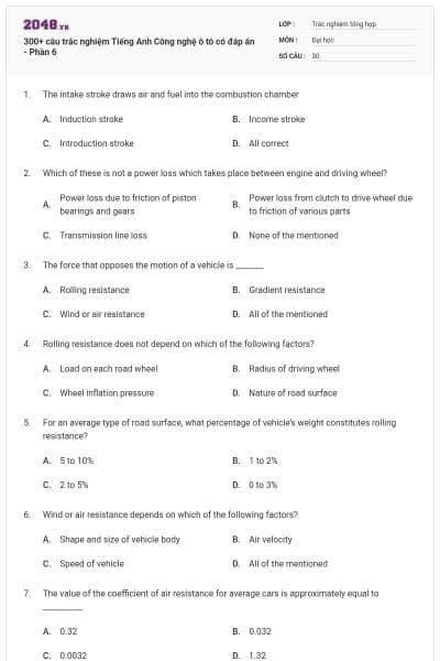 300+ câu trắc nghiệm Tiếng Anh Công nghệ ô tô có đáp án - Phần 6
