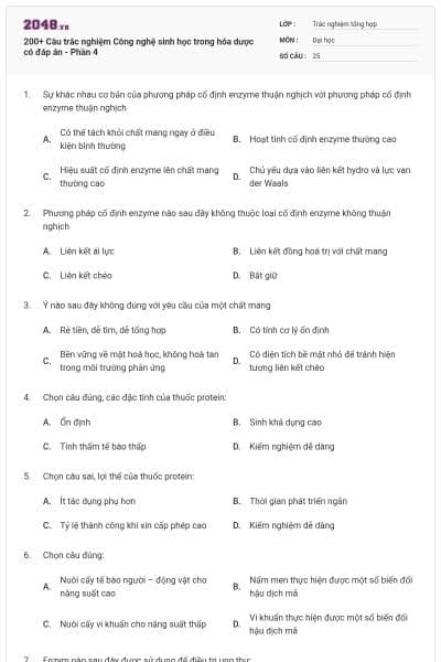 200+ Câu trắc nghiệm Công nghệ sinh học trong hóa dược có đáp án - Phần 4