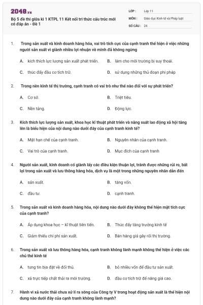 Bộ 5 đề thi giữa kì 1 KTPL 11 Kết nối tri thức cấu trúc mới có đáp án - Đề 1