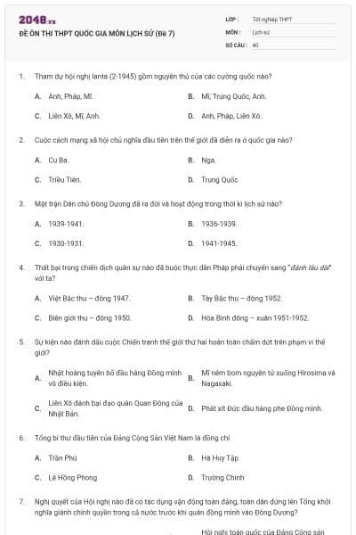 ĐỀ ÔN THI THPT QUỐC GIA MÔN LỊCH SỬ (Đề 7)