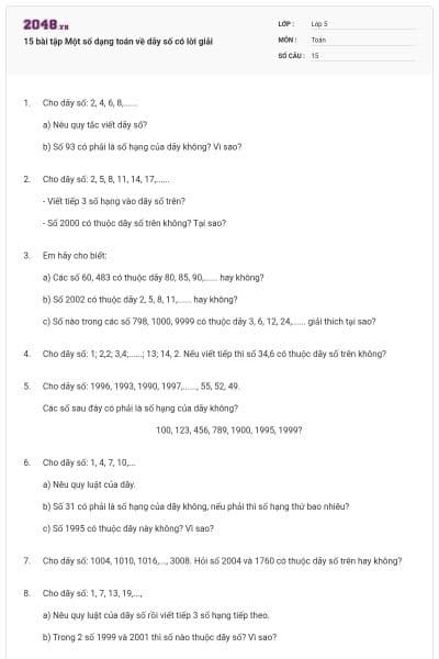 15 bài tập Một số dạng toán về dãy số có lời giải