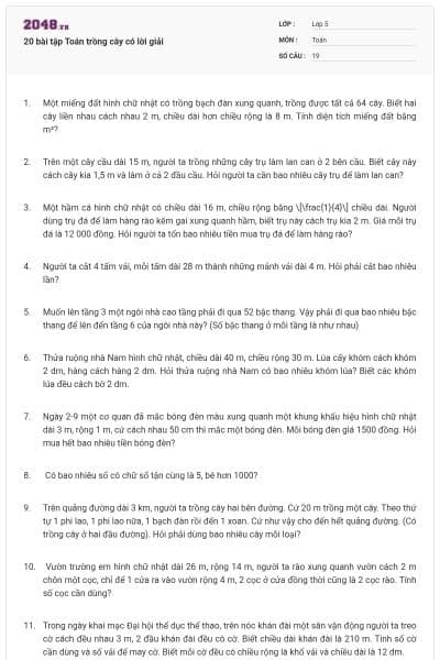 20 bài tập Toán trồng cây có lời giải