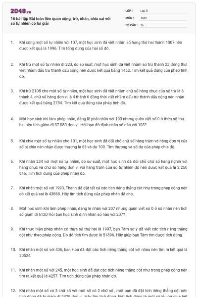 16 bài tập Bài toán liên quan cộng, trừ, nhân, chia sai với số tự nhiên có lời giải