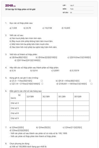 20 bài tập Số thập phân có lời giải