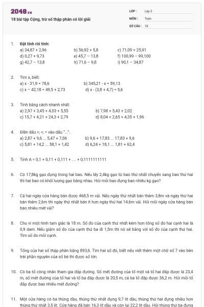 18 bài tập Cộng, trừ số thập phân có lời giải