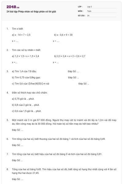 24 bài tập Phép nhân số thập phân có lời giải