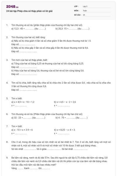 24 bài tập Phép chia số thập phân có lời giải