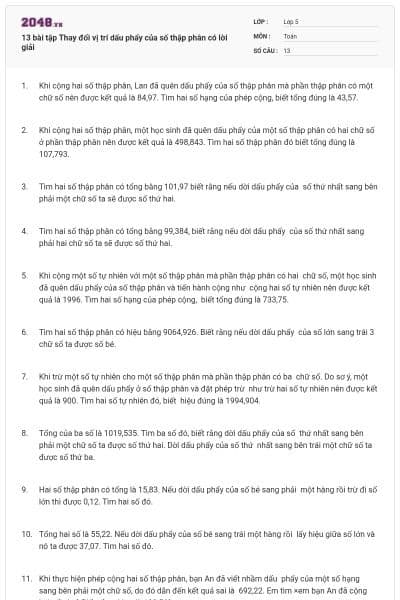 13 bài tập Thay đổi vị trí dấu phẩy của số thập phân có lời giải